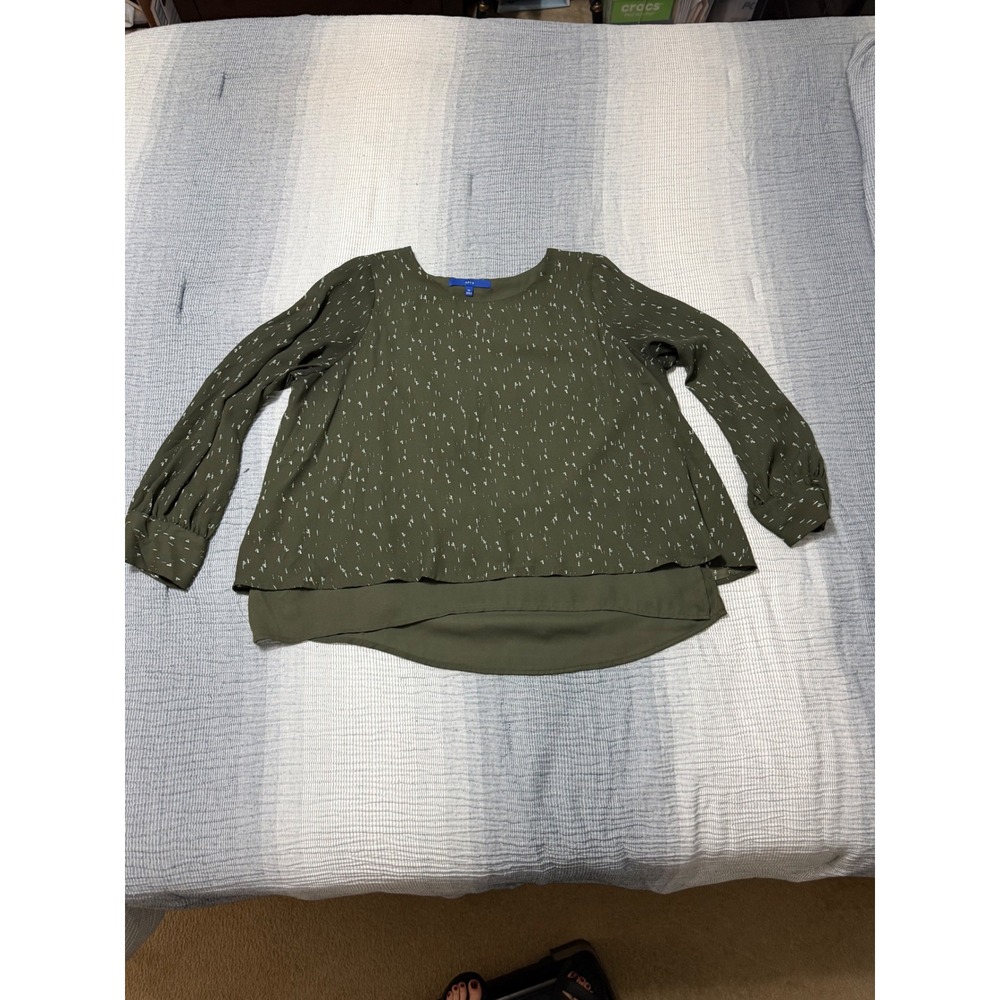 Apt. 9 Blouse Womens XL Olive Green Dash Print Layered Split Back Chiffon Top